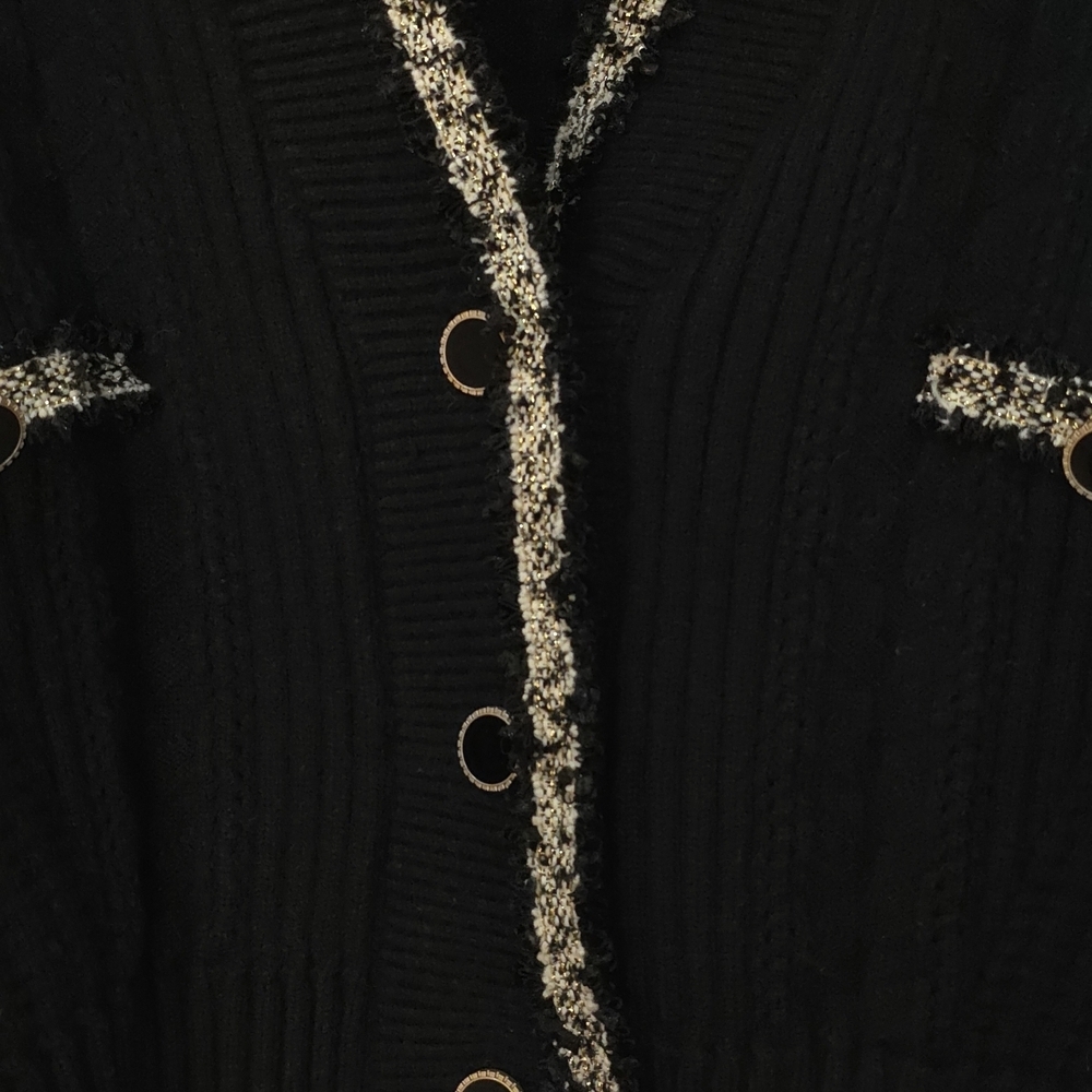 Cider Black Preppy Cable Knit Cardigan w/ Golden Trim & Buttons Size M - Picture 6 of 7